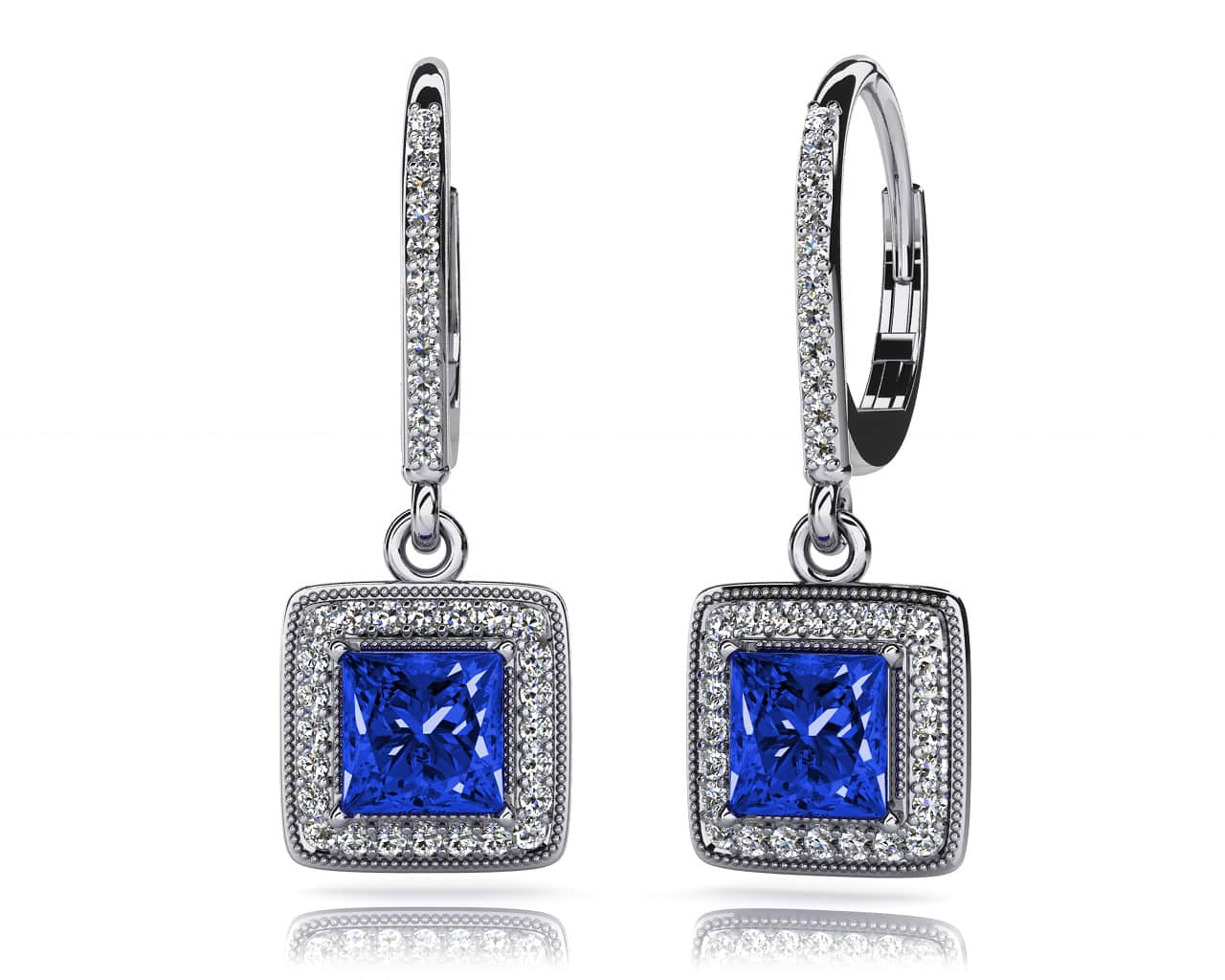 Milgrain Princess Cut Diamond And Gem Earrings Diamond with 1.11 ct.(finished) 1.0mm, 4.0mm